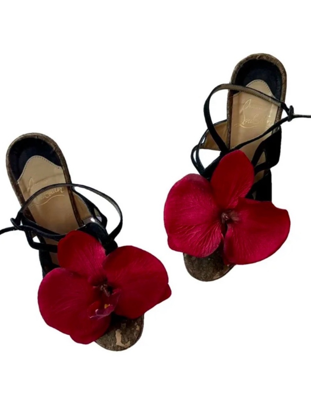 Christian Louboutin Black Strappy Sandals with Red Floral Appliqué